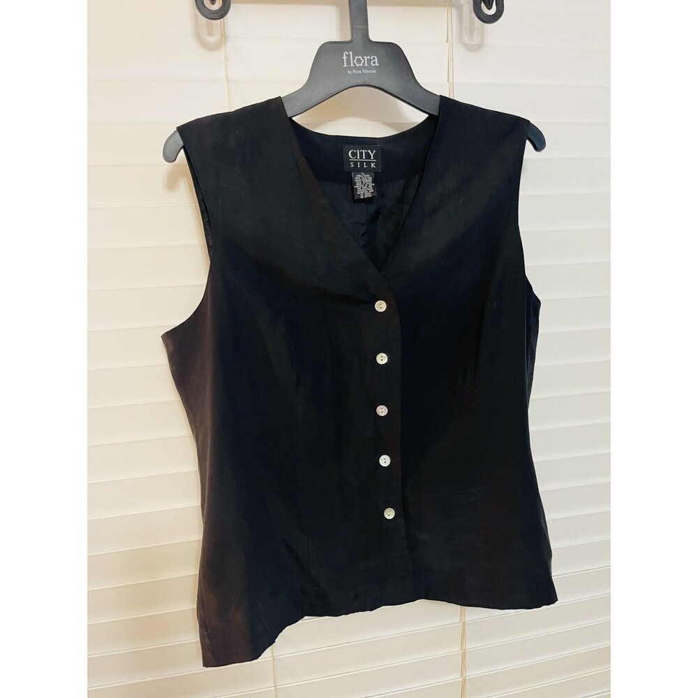 Vintage City Silk Vest Large Black Mother of Pearl Button Down Lined